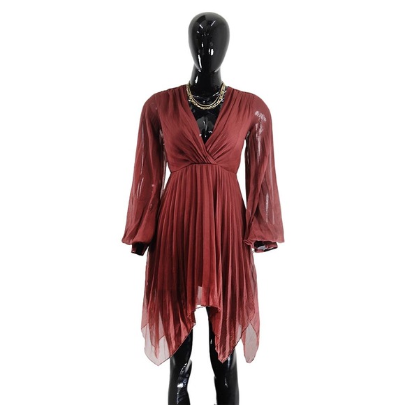 Burgundy Sheer Midi Dress with Flowy Sleeves & Wrap Front - Picture 1 of 6
